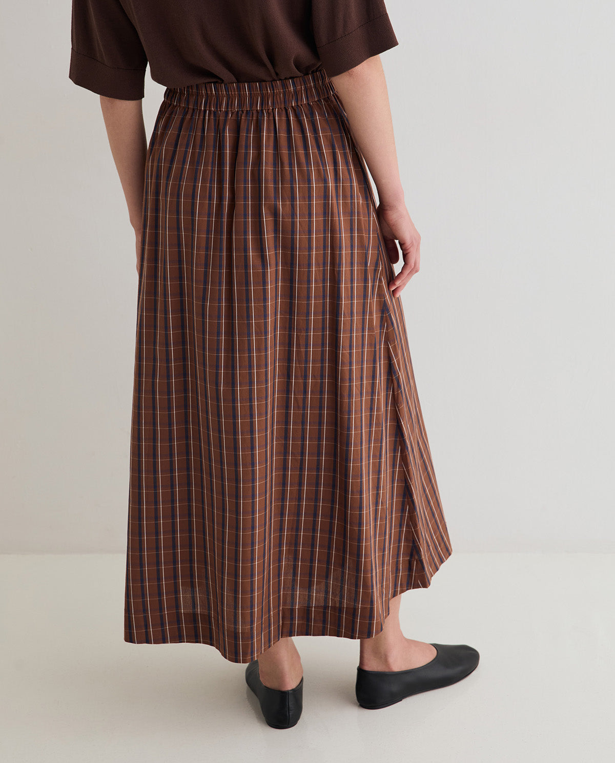Brown & Navy Check Cotton Poplin Skirt