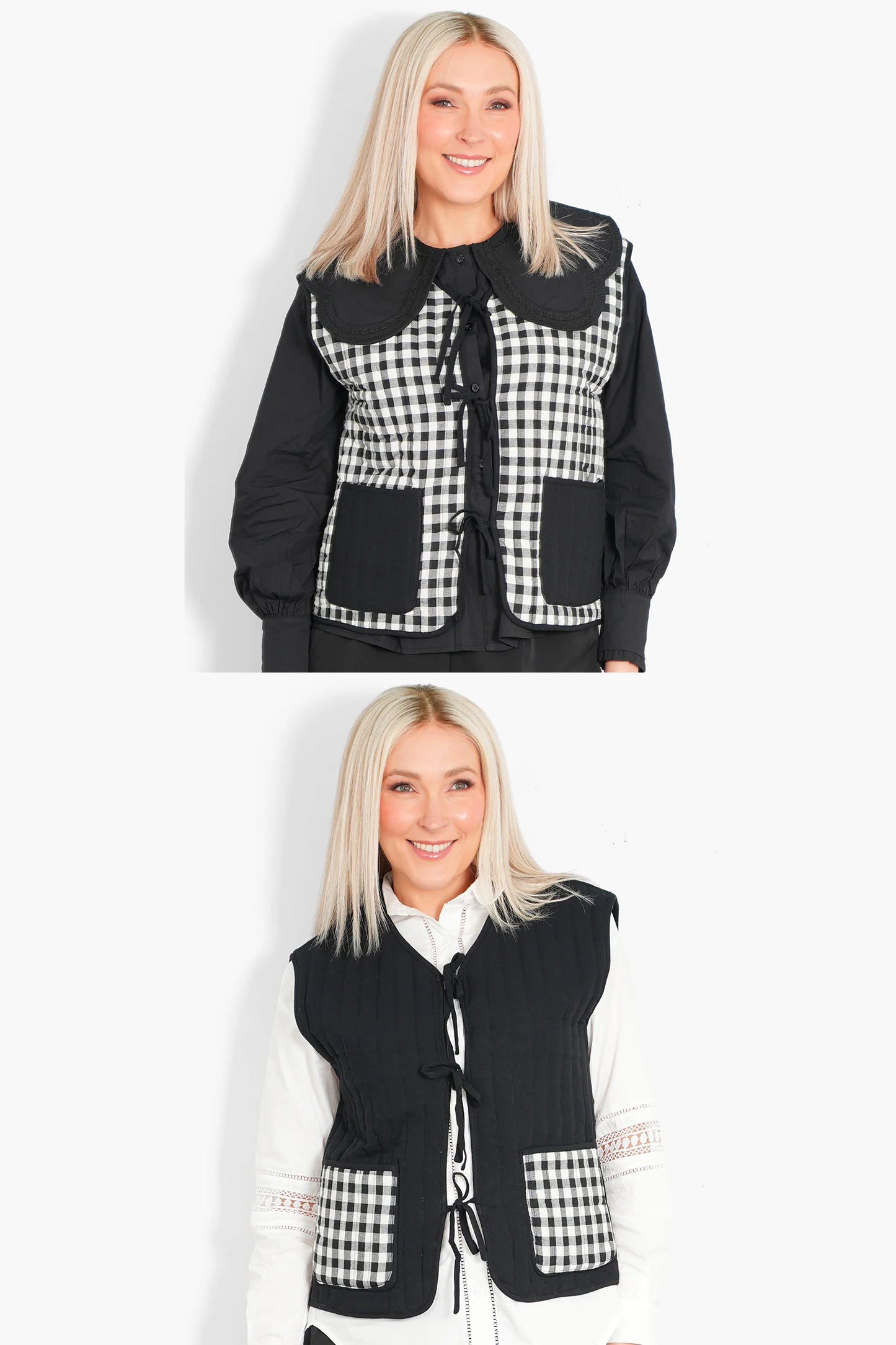 Tabby Quilted Reversible Gilet - Black/Cream Gingham
