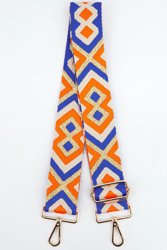 Aztec Print Bag Strap in Orange & Blue