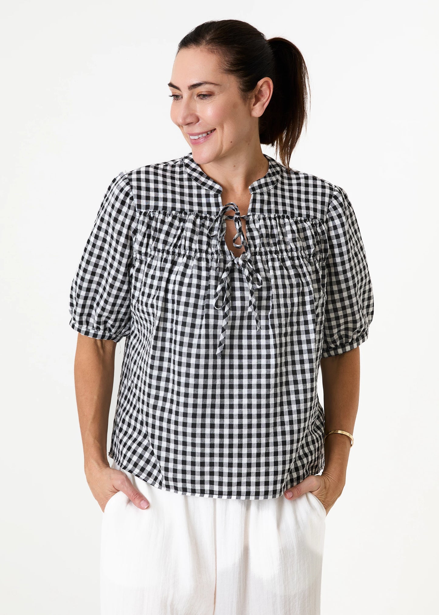 Black & White Gingham Blouse with Tie Front