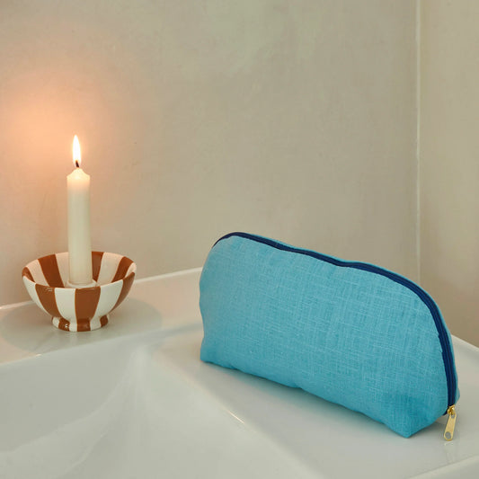 Blue Linen Make Up Bag