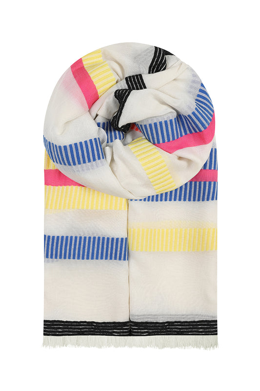 White summer scarf with pink, blue, yellow and black stripes