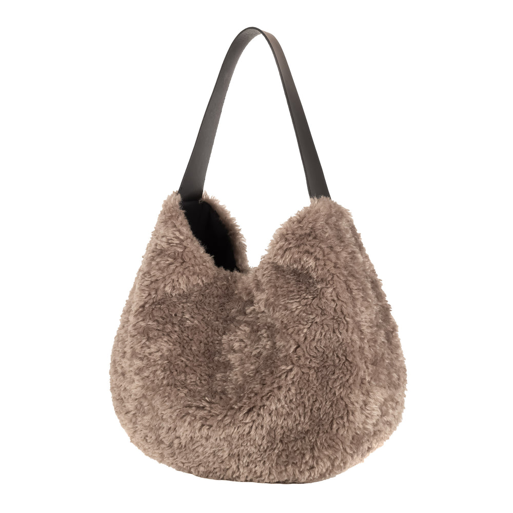 Taupe Faux Sheepskin Slouch Bag