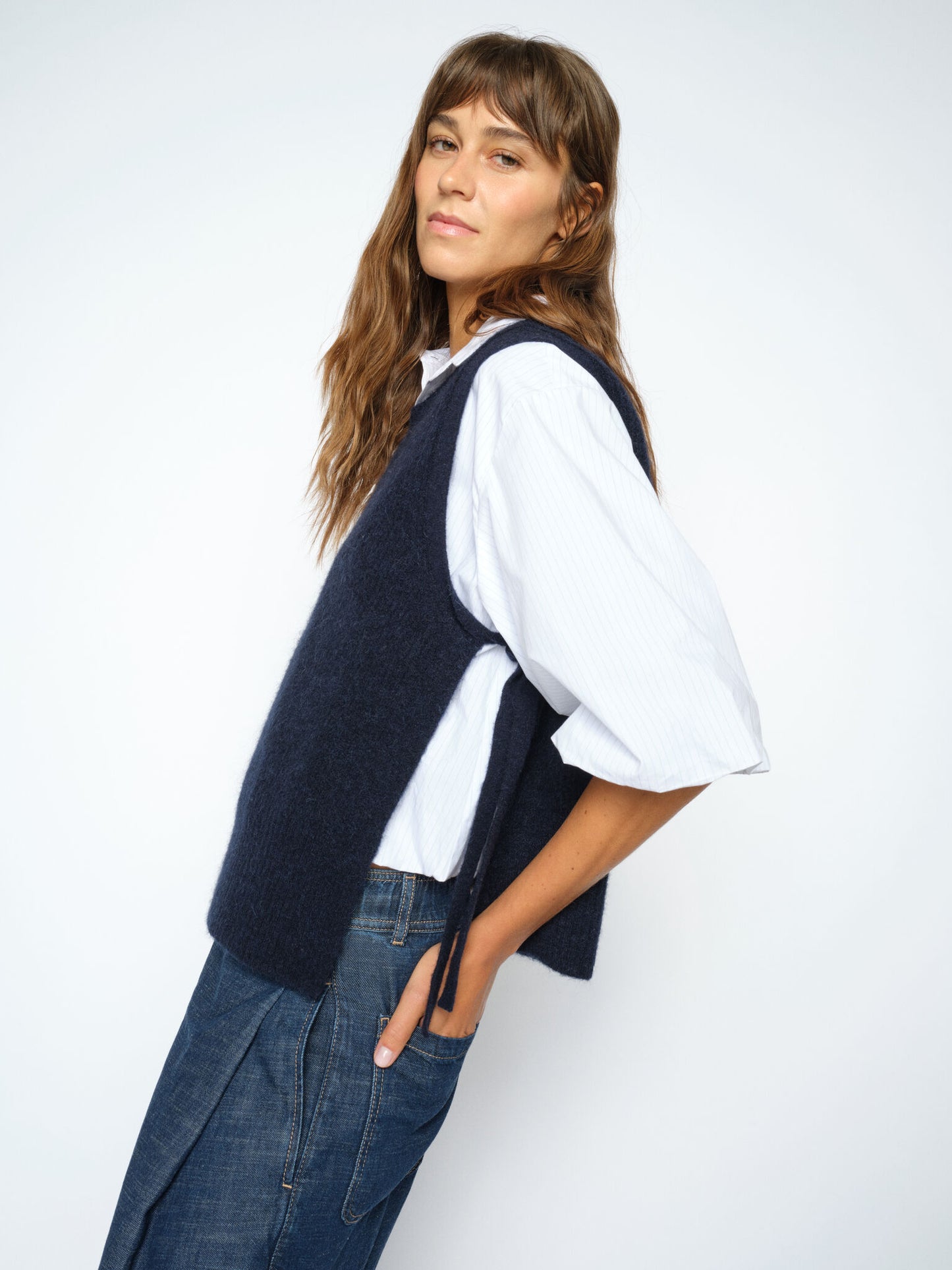 Thora Tie Knit Sleeveless Jumper in Navy