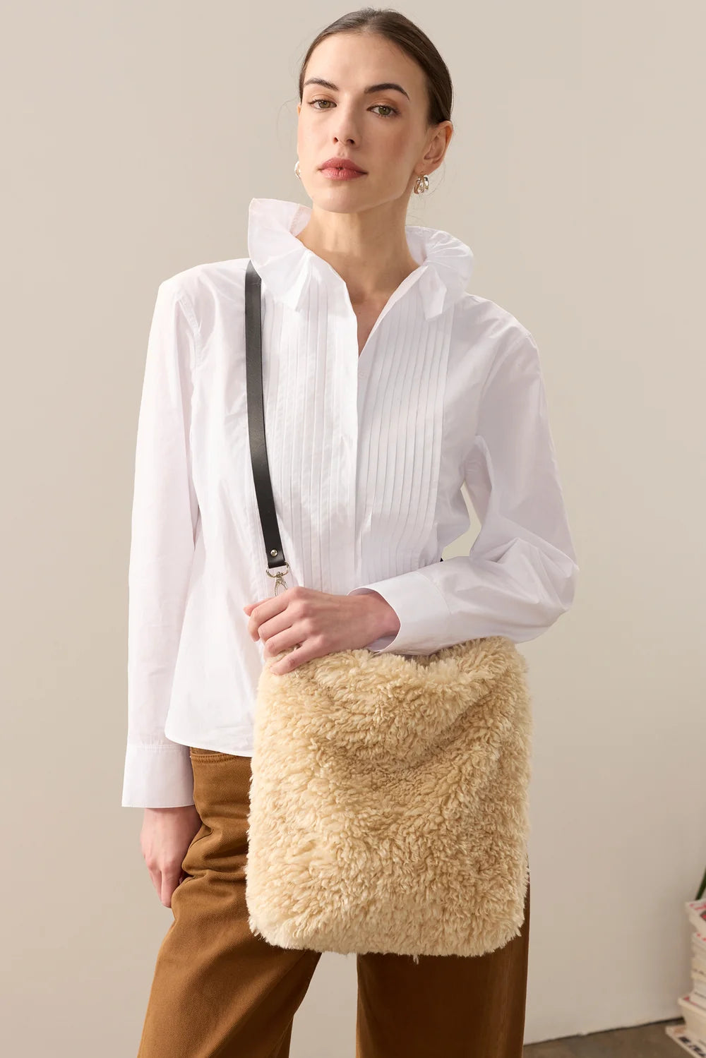 Cream Faux Sheepskin Barrel Tote Bag