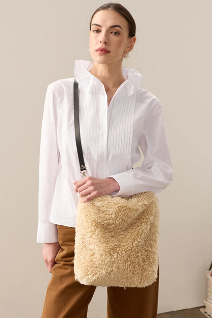Cream Faux Sheepskin Barrel Tote Bag