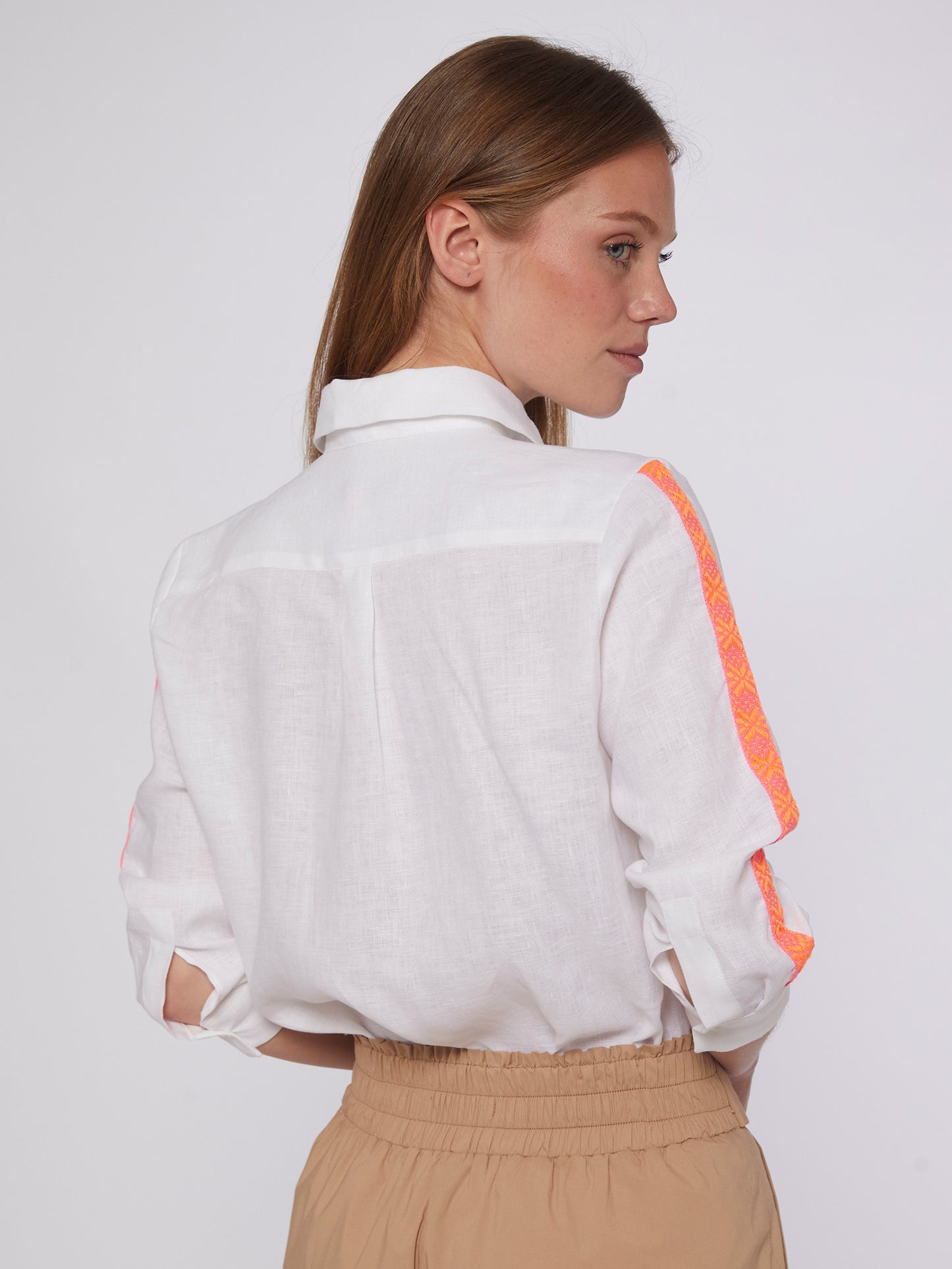 White Linen Shirt with Embroidered Stripe