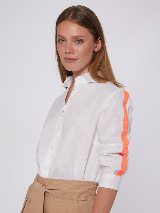 White Linen Shirt with Embroidered Stripe