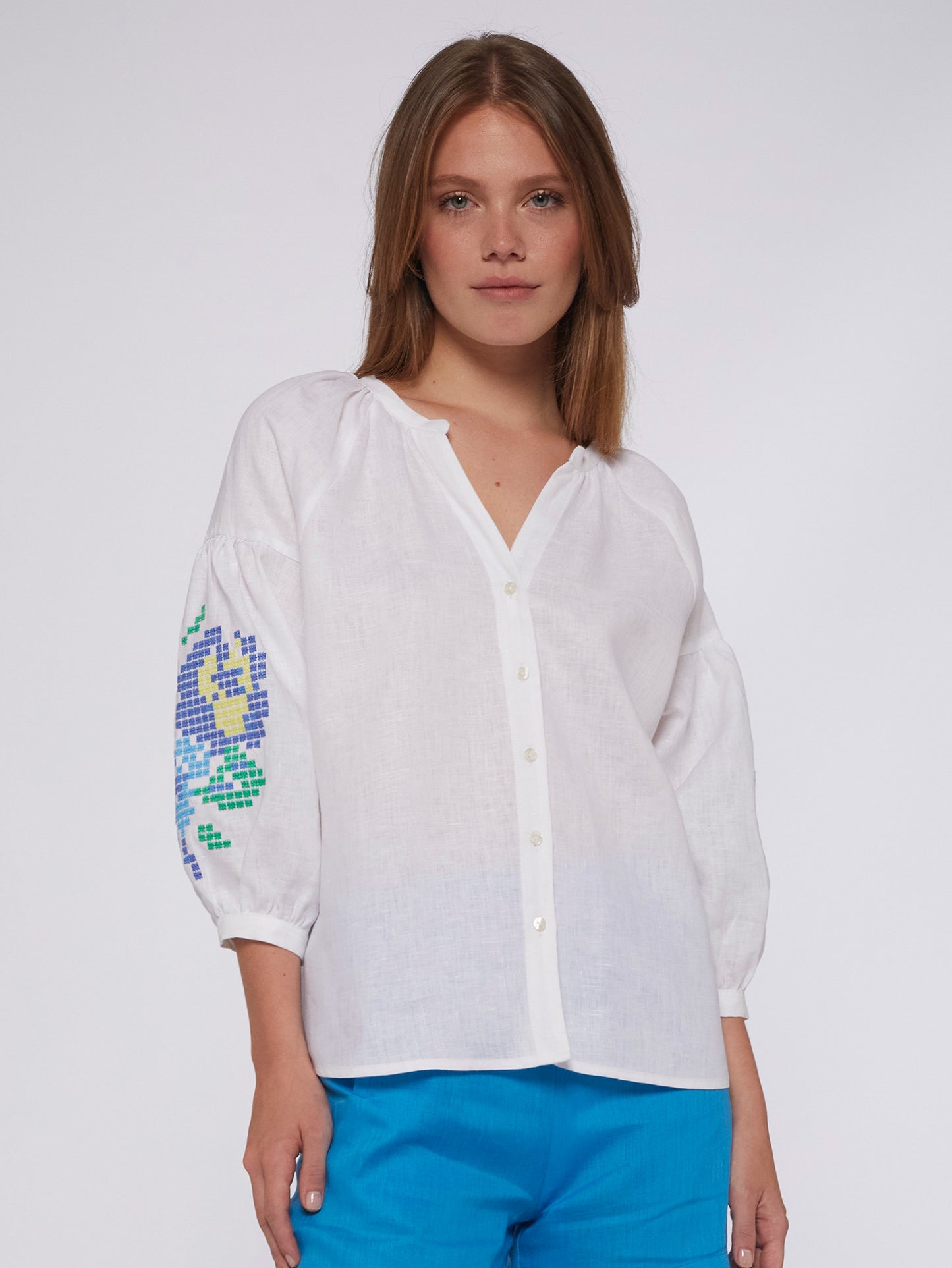 Linen Blouse with Blue Embroidery