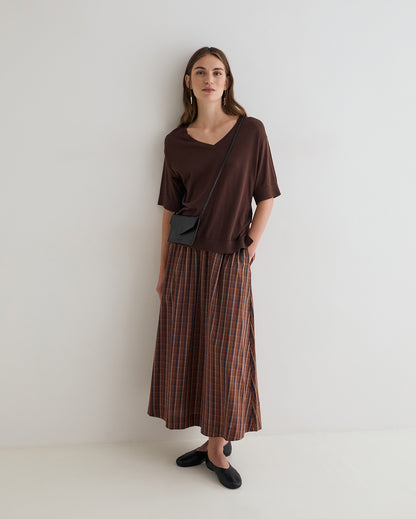 Brown & Navy Check Cotton Poplin Skirt
