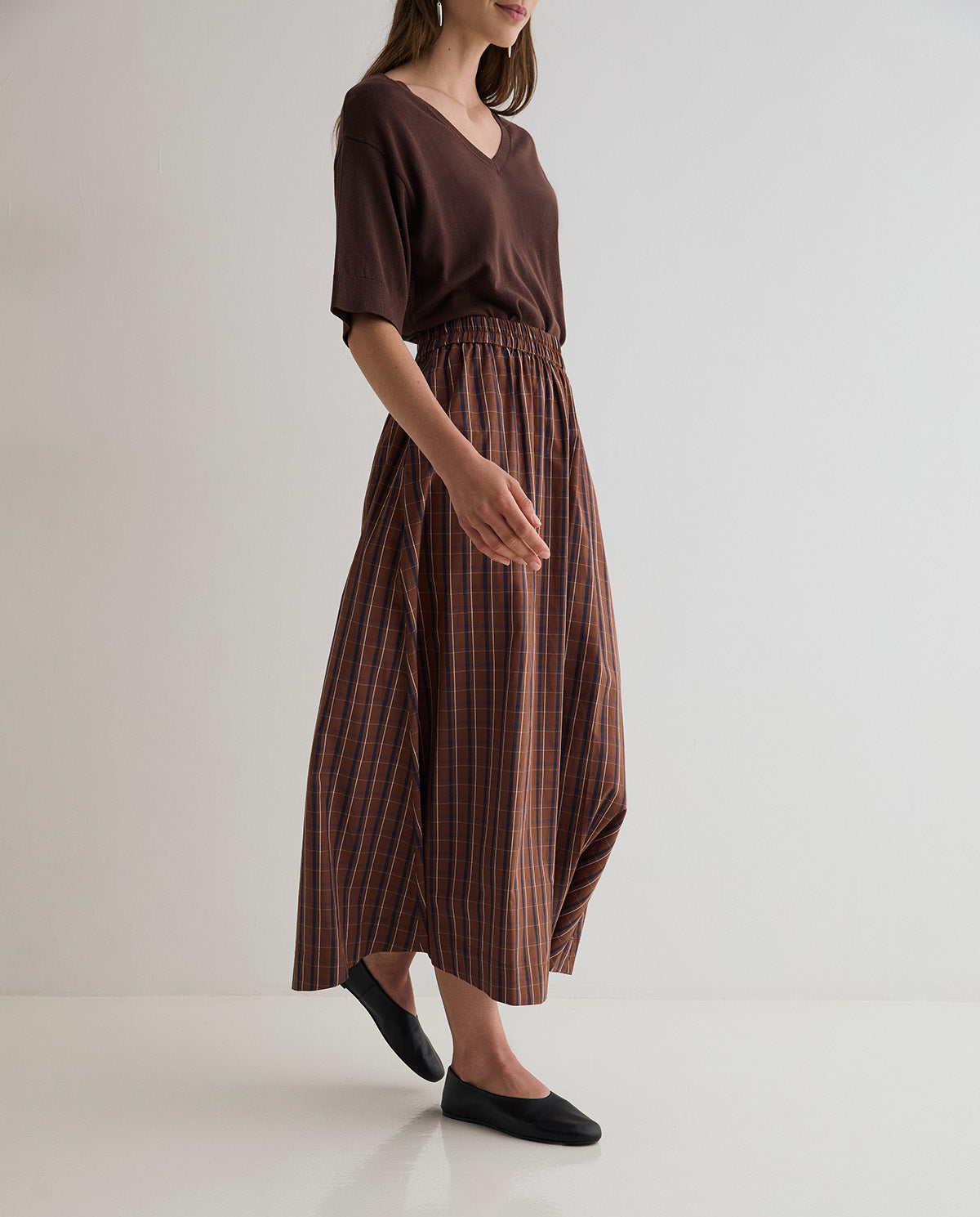 Brown & Navy Check Cotton Poplin Skirt