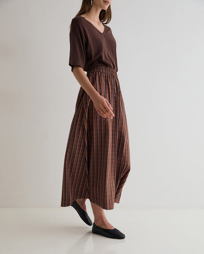 Brown & Navy Check Cotton Poplin Skirt