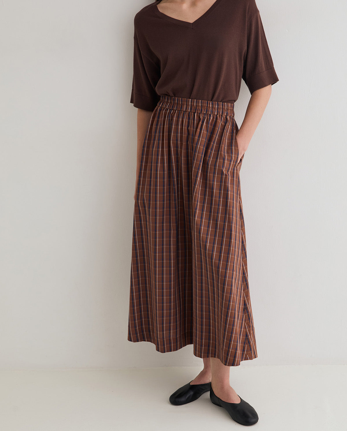 Brown & Navy Check Cotton Poplin Skirt