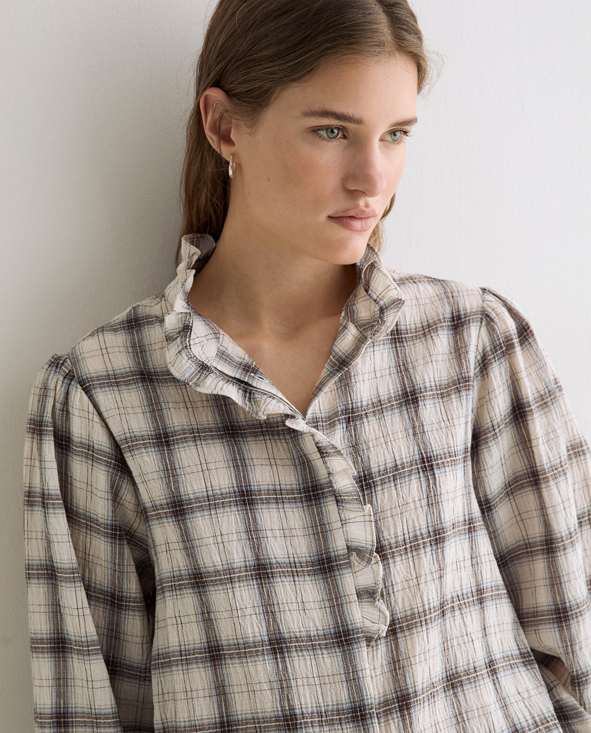Ecru Cotton Check Blouse