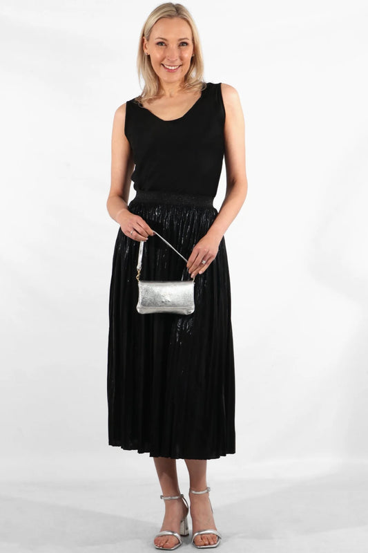Black Foil Pleated Skirt