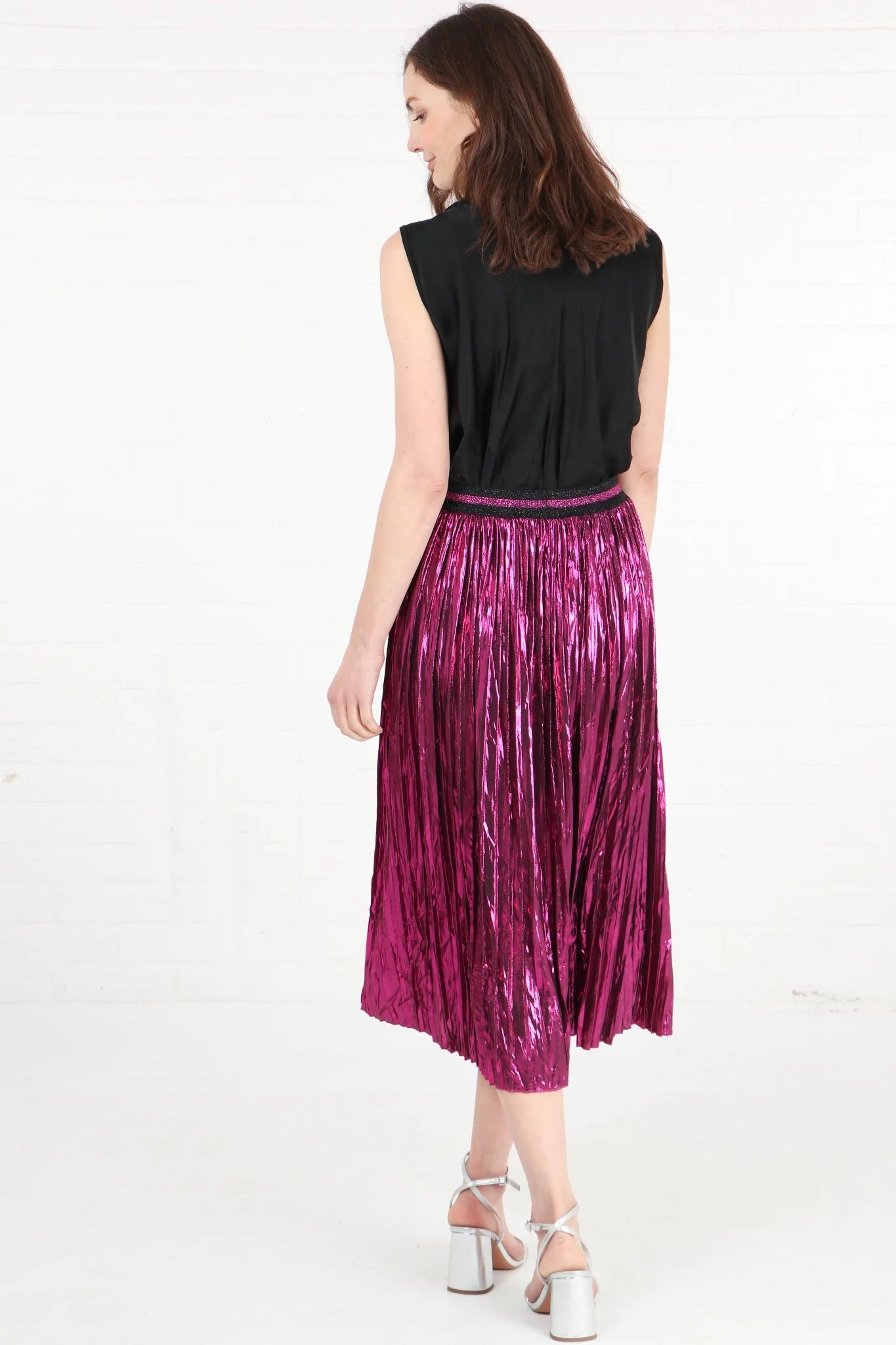 Fuchsia Foil Pleated Skirt