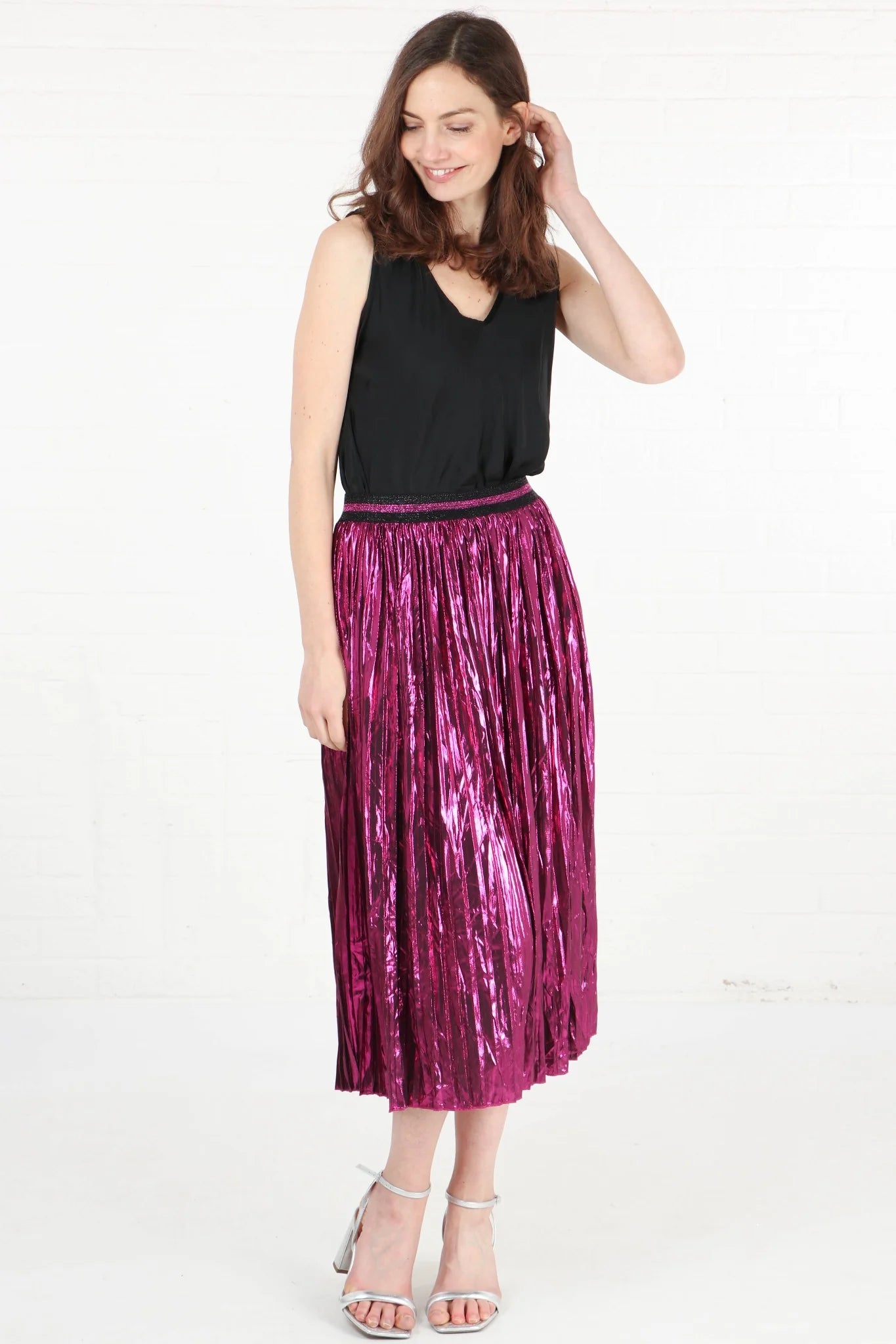 Fuchsia Foil Pleated Skirt