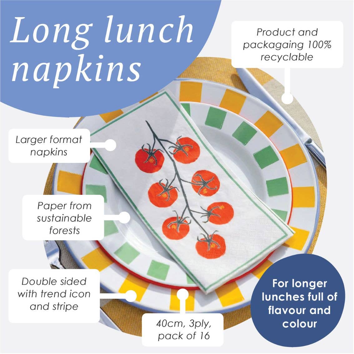 Tomato Long Lunch Paper Napkins - 16 Pack | Summer Dinner Napkins |