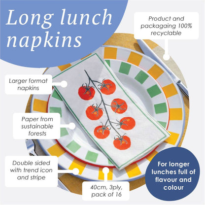 Tomato Long Lunch Paper Napkins - 16 Pack | Summer Dinner Napkins |