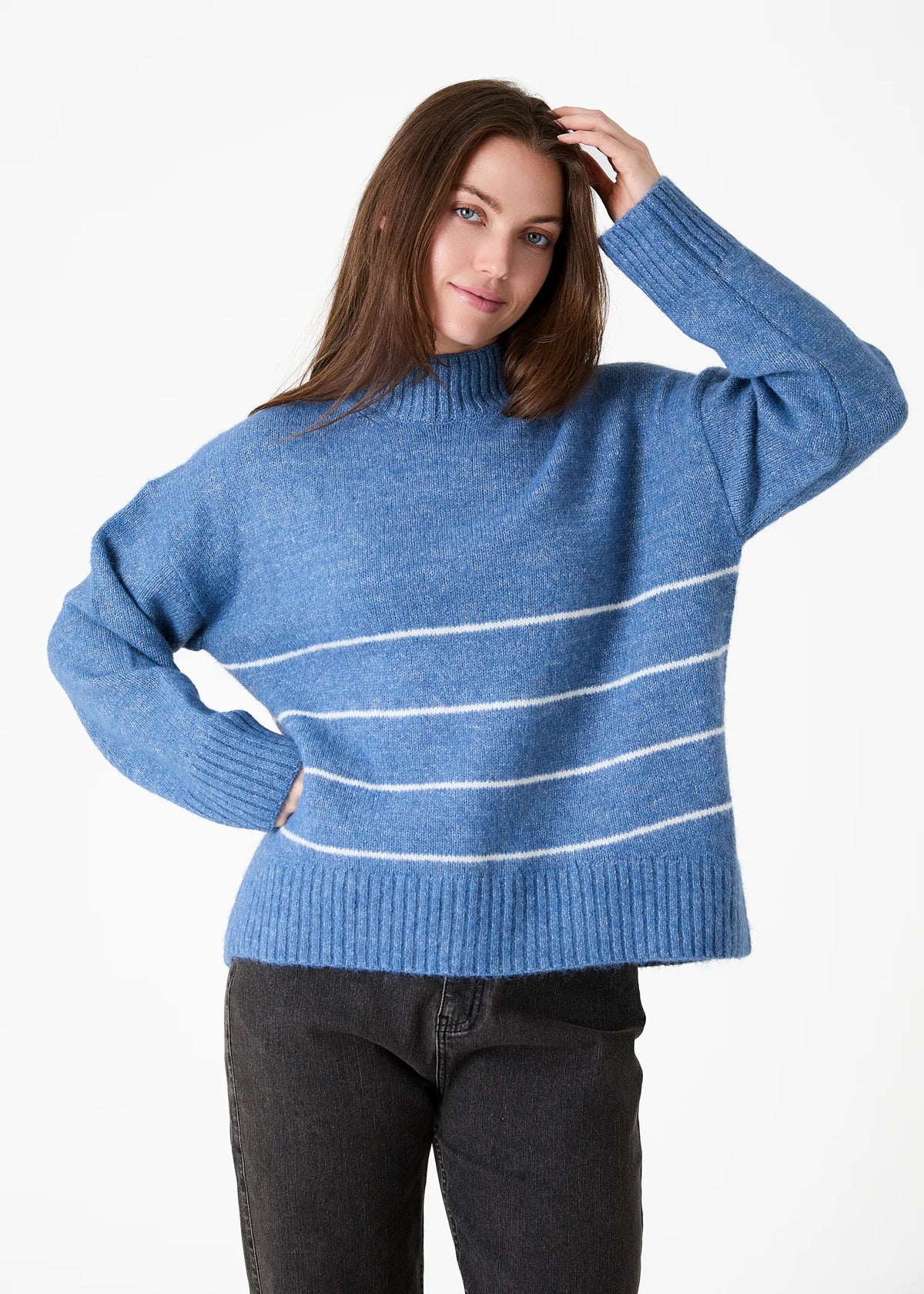 Denim Blue Turtle Neck Stripe Jumper