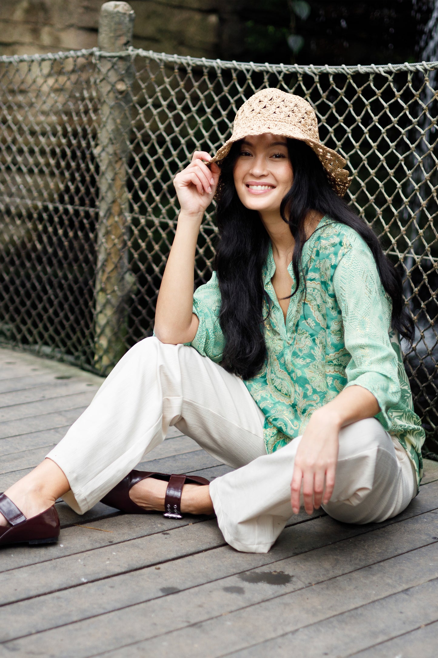 Luna Flared Sleeve Blouse in Floral Green