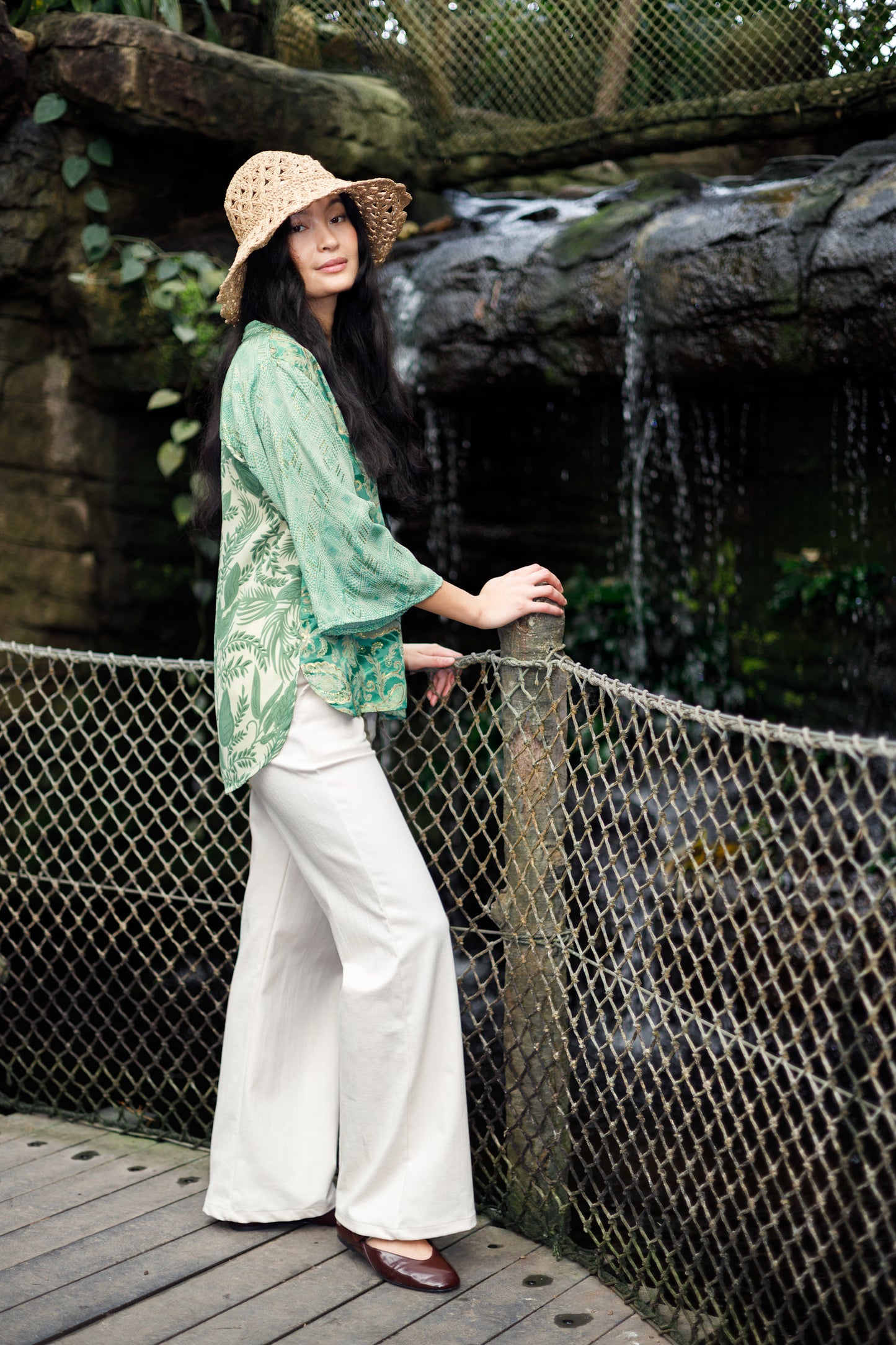 Luna Flared Sleeve Blouse in Floral Green