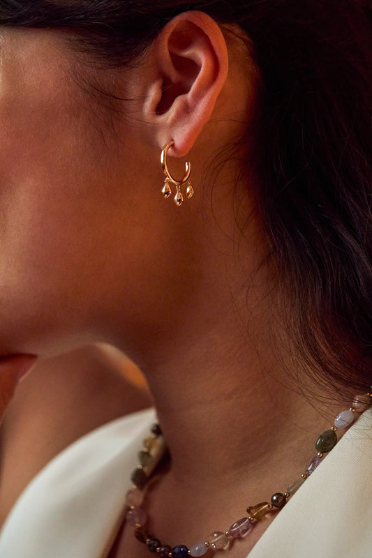 Triple Pebble Hoop Earrings - Gold Plated