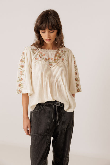 Indi & Cold Cream Embroidered Blouse