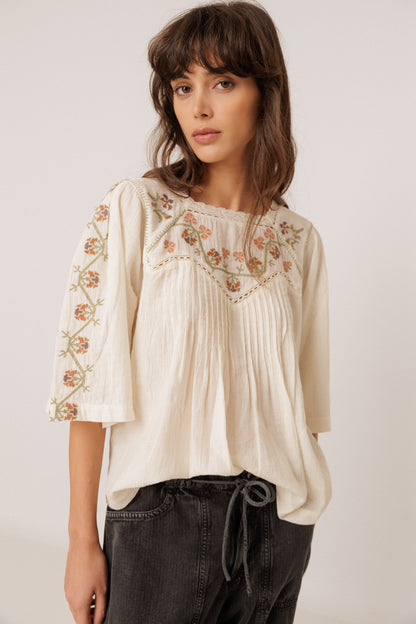 Indi & Cold Cream Embroidered Blouse