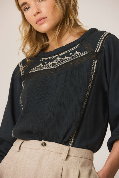 Indi & Cold Dark Grey Embroidered Blouse