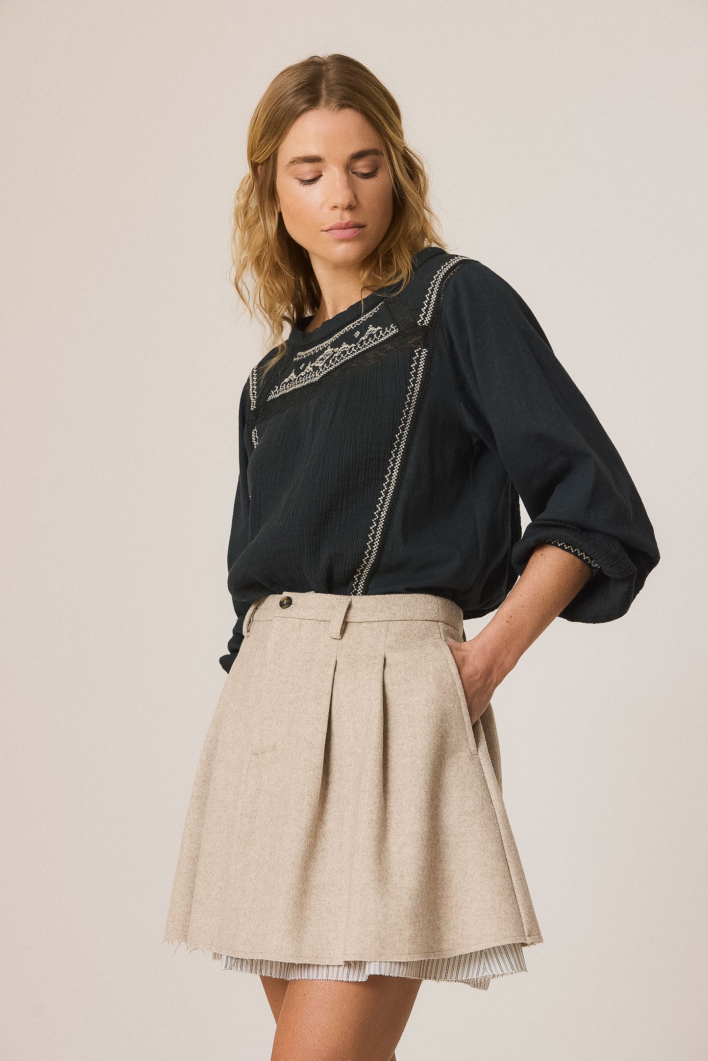 Indi & Cold Dark Grey Embroidered Blouse