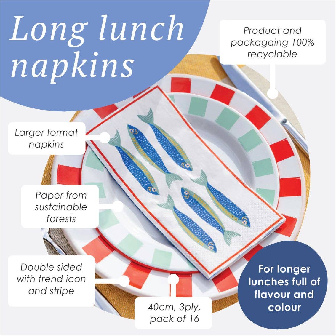 Sardine Fish Long Lunch Paper Napkins - 16 Pack | Summer Dinner Napkins |