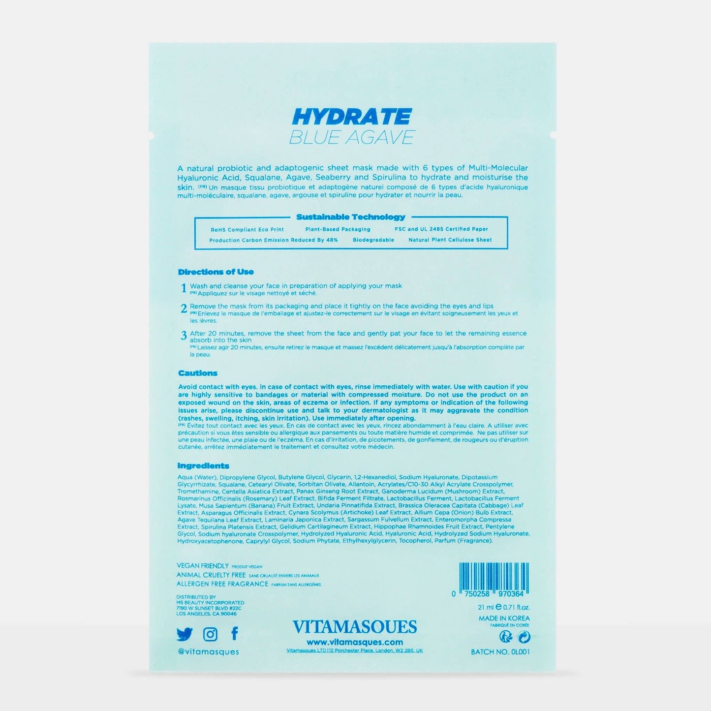 Hydrate Blue Agave Biodegradable Face Sheet Mask