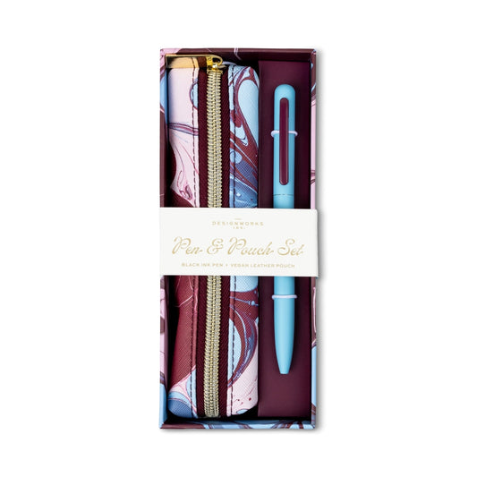 Pen and Pouch Set, Burgundy and Teal Marbling