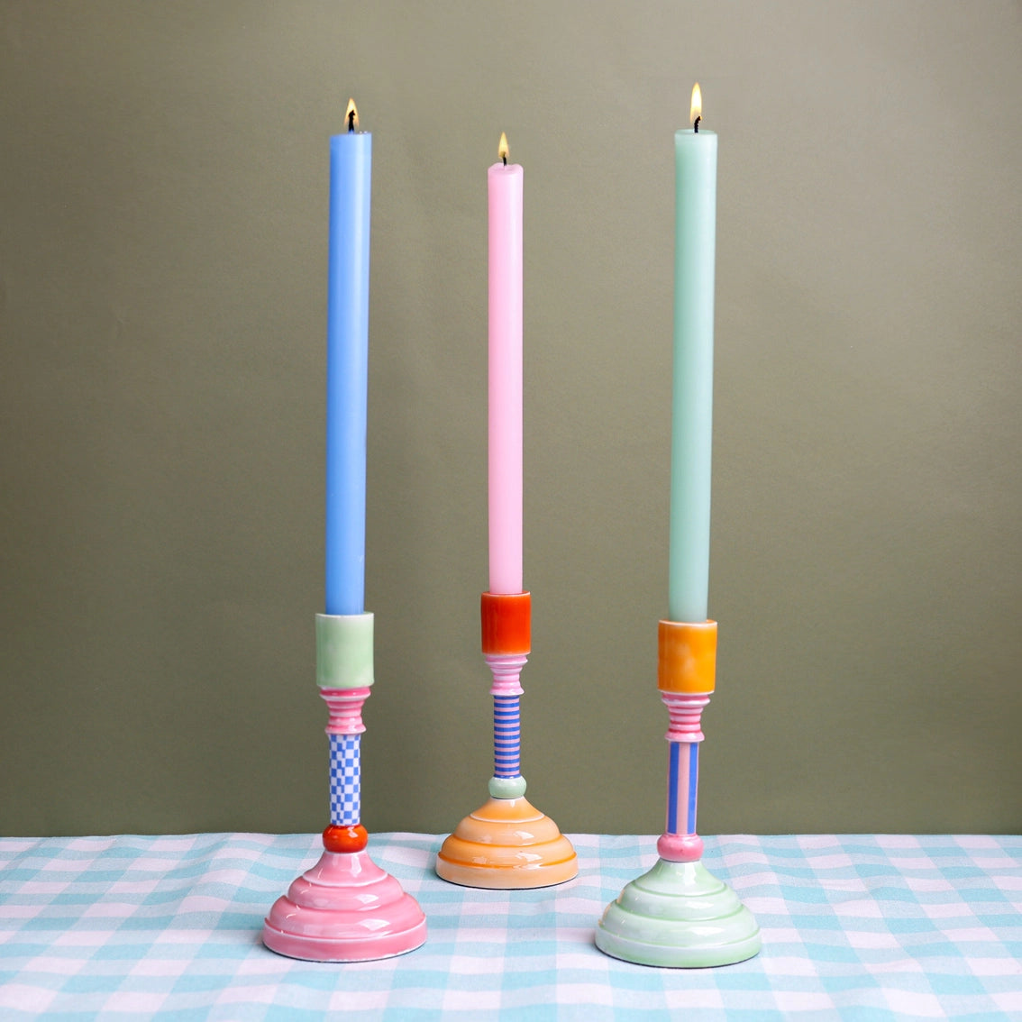 Enamel Candle Holder, Pink Base