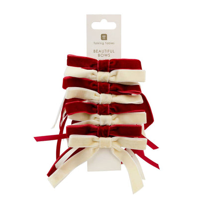 Red & Cream Velvet Bows - 8 Pack | Christmas Decor |