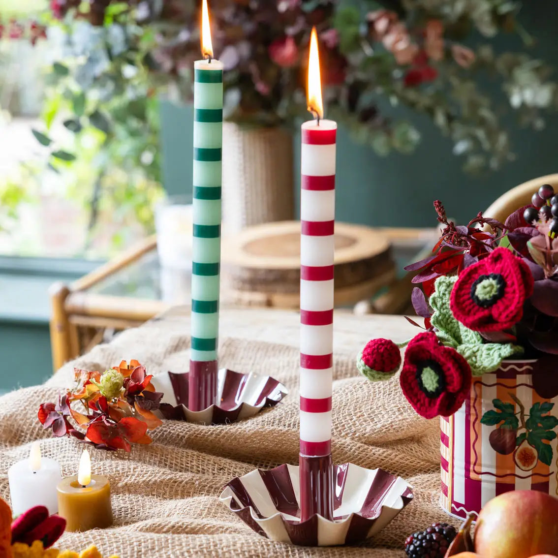 White and Burgundy Striped Dinner Candle