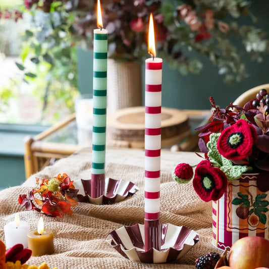White and Burgundy Striped Dinner Candle