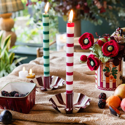 Cream and Burgundy Striped Candle Holder