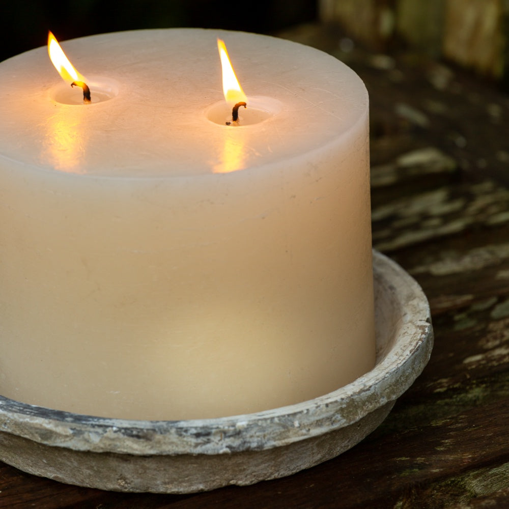 Double wick Rustic Pillar Candle & Saucer