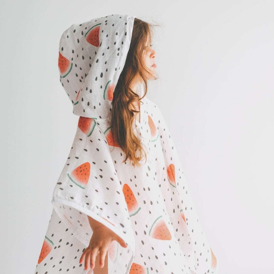 Organic Muslin Hooded Baby Poncho Watermelon